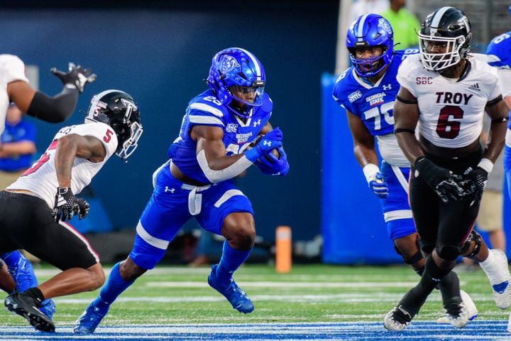 Georgia State's Marcus Carroll runs the ball during against Troy Saturday, Sept. 30, 2023 (Jamie Spaar for the Atlanta Journal Constitution)