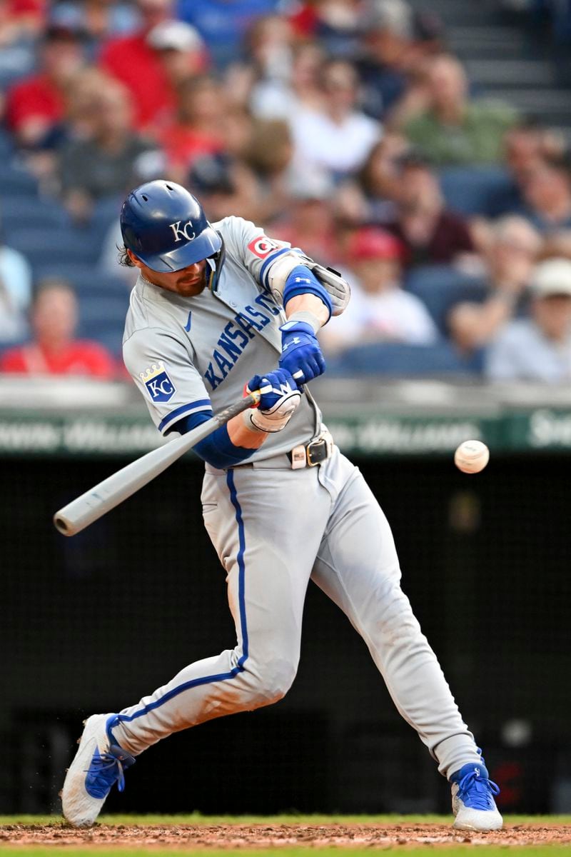 Kansas City Royals' Bobby Witt Jr. hits a double during the third inning of the second game of a baseball doubleheader against the Cleveland Guardians, Monday, August 26, 2024, in Cleveland. (AP Photo/Nick Cammett)