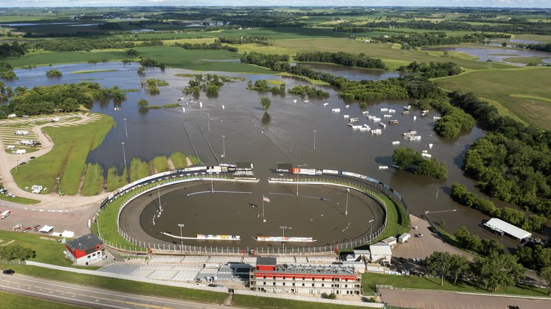 Husets Speedway is underwater after days of heavy rain led to flooding in the area, Saturday, June 22, 2024 , south of Brandon, S.D.. Several campers needed to be rescued due to quickly rising water. (AP Photo/Josh Jurgens)