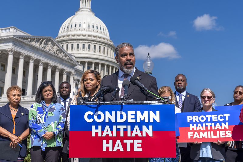 Rep. Steven Horsford, D-Nev. chairman of the Congressional Black Caucus, joins members of the Haitian Caucus as they condemn hate speech and misinformation about Haitian immigrants, at the Capitol in Washington, Friday, Sept. 20, 2024. (AP Photo/J. Scott Applewhite)