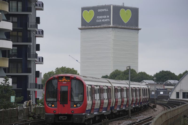 A general view of Grenfell Tower after a fire in June, 2017, in London, Monday, Sept. 2, 2024, in which 72 people were killed. (AP Photo/Kin Cheung)