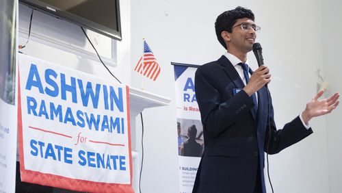 Senate candidate Ashwin Ramaswami speaks during a meet-and-greet in Suwanee on Sept. 16, 2024. The 25-year-old is running against Republican incumbent Shawn Still in the 48th District, which covers parts of Johns Creek, Sugar Hill and south Forsyth County. (Ben Gray for the AJC)