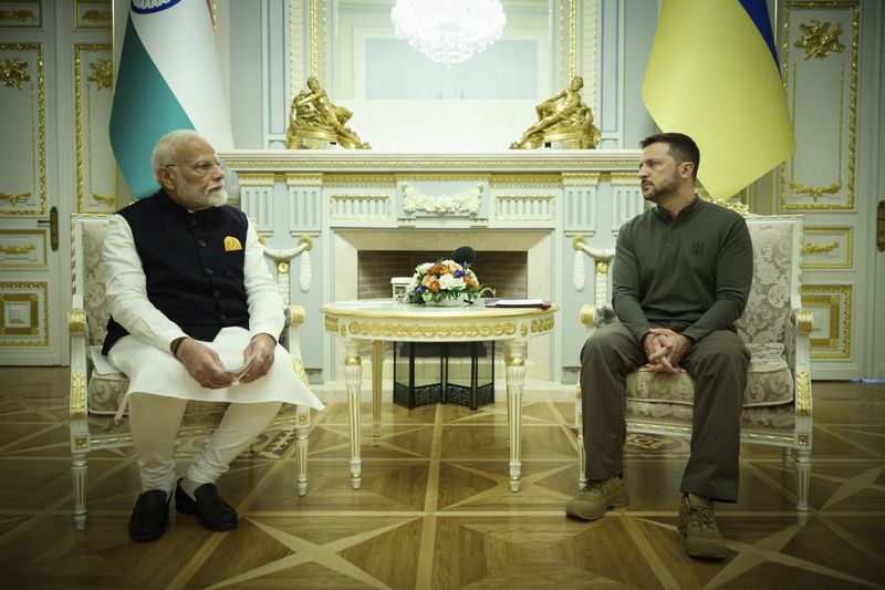 In this photo provided by the Ukrainian Presidential Press Office, shows Indian Prime Minister Narendra Modi, left, meeting with Ukrainian President Volodymyr Zelenskyy in Kyiv, Ukraine, Friday, Aug. 23, 2024. (Ukrainian Presidential Press Office via AP)