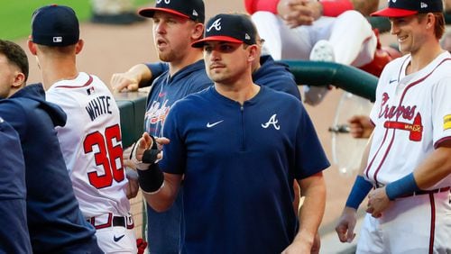 Atlanta Braves third baseman Austin Riley is seen with his cast on the right hand moments before the game between the Braves and Colorado Rockies at Truist Park on Tuesday, Sept. 3, 2024, in Atlanta.  (Miguel Martinez/ AJC)