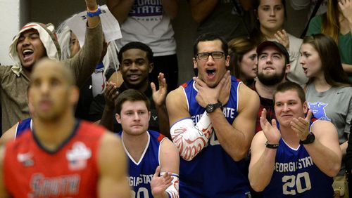 Georgia State Panthers fans mock the South Alabama Jaguars in the first half of their NCAA college basketball game at the GSU Arena on Monday, Feb. 3, 2014, in Atlanta. Georgia State is looking to extend its school-record winning streak to 13 games. David Tulis / AJC Special