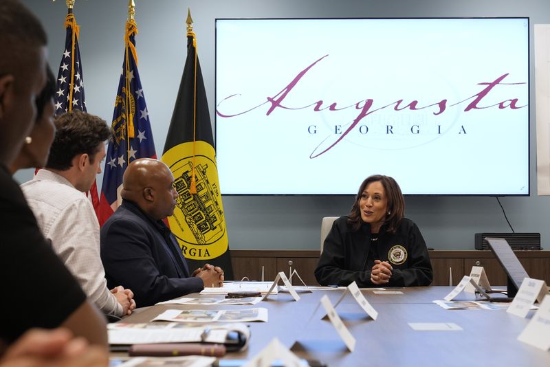 Vice President Kamala Harris, the Democratic presidential nominee, speaks during a briefing at the Augusta Emergency Operations Center during a visit Wednesday to areas impacted by Hurricane Helene. Harris made a point to praise Kemp for “his leadership and his close coordination” with the White House as she announced approval of his request for the federal government to reimburse 100% of local costs to cover the response to the disaster. (AP Photo/Carolyn Kaster)