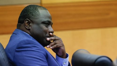 A former Atlanta police officer, Oliver Simmonds, is seen at the Fulton County Superior Court on Tuesday, Sept. 16, 2024. Simmonds was indicted in the 2019 shooting death of a teenager.
(Miguel Martinez / AJC)