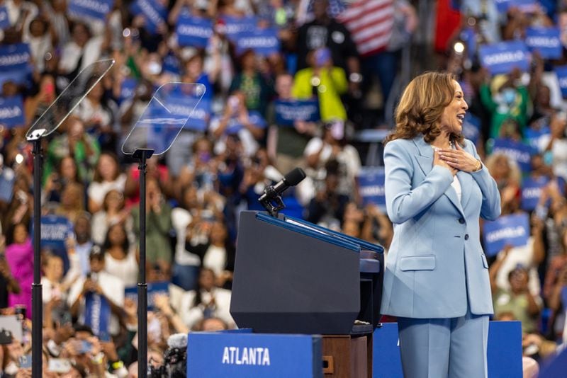 Vice President Kamala Harris entering the Georgia State University Convocation Center for Tuesday's rally.