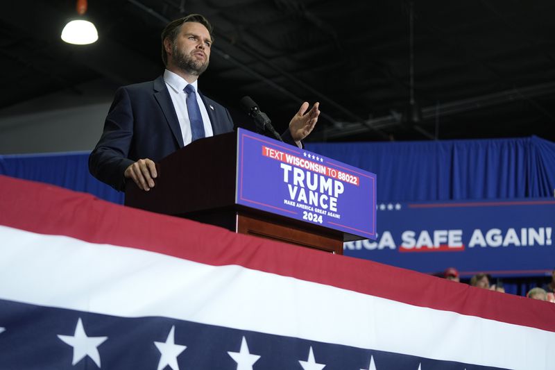 Republican vice presidential nominee Sen. JD Vance, R-Ohio, speaks at a campaign event, Tuesday, Sept. 17, 2024 in Eau Claire, Wis. (AP Photo/Abbie Parr)