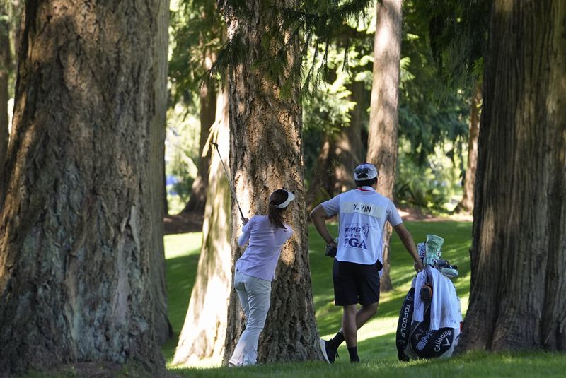 Xiaowen Yin, of China, hits out of the trees to the fairway on the 10th hole during the first round of the Women's PGA Championship golf tournament at Sahalee Country Club, Thursday, June 20, 2024, in Sammamish, Wash. (AP Photo/Gerald Herbert)