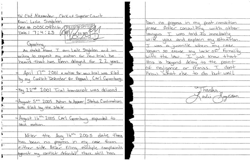 Inmate Leslie Singleton sent this hand-written letter in 2023 asking the Fulton County Superior Court why his motion for a new trial had been delayed for more than 20 years.