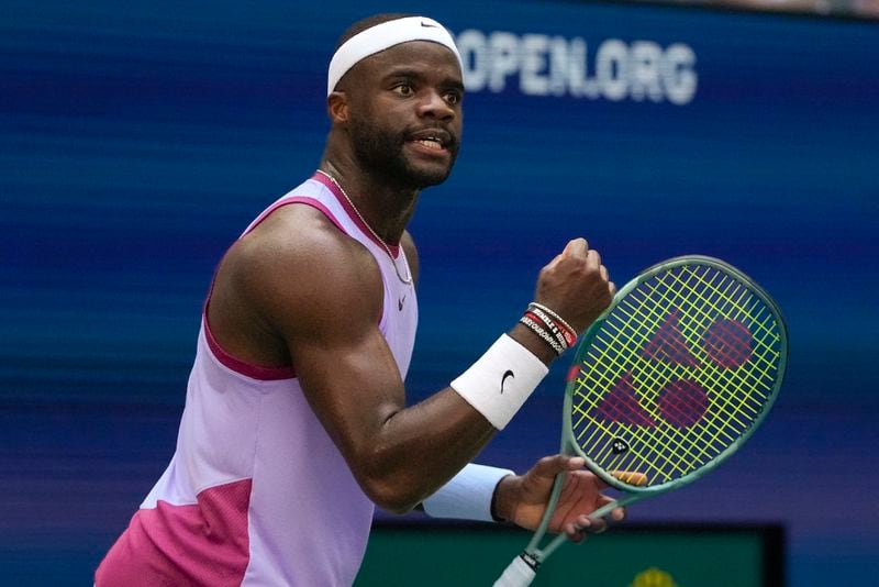 Frances Tiafoe, of the United States, reacts after scoring a point against Alexander Shevchenko, of Kazakhstan, during the second round of the U.S. Open tennis championships, Wednesday, Aug. 28, 2024, in New York. (AP Photo/Pamela Smith)