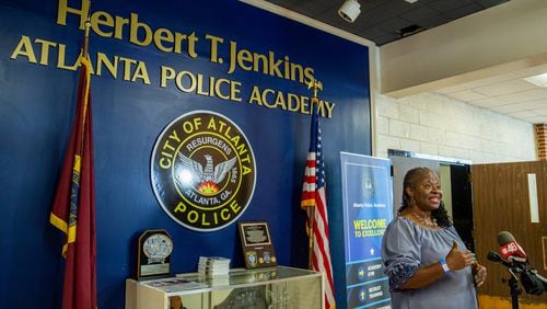 Councilwoman Joyce Sheperd speaks at the Atlanta Police Training Academy, housed in a former elementary school, before touring to see the disrepair at the facility. Sheperd supported increased funding for police in this year's city budget and is pushing for the creation of a new public safety training facility. (Jenni Girtman for The Atlanta Journal-Constitution)