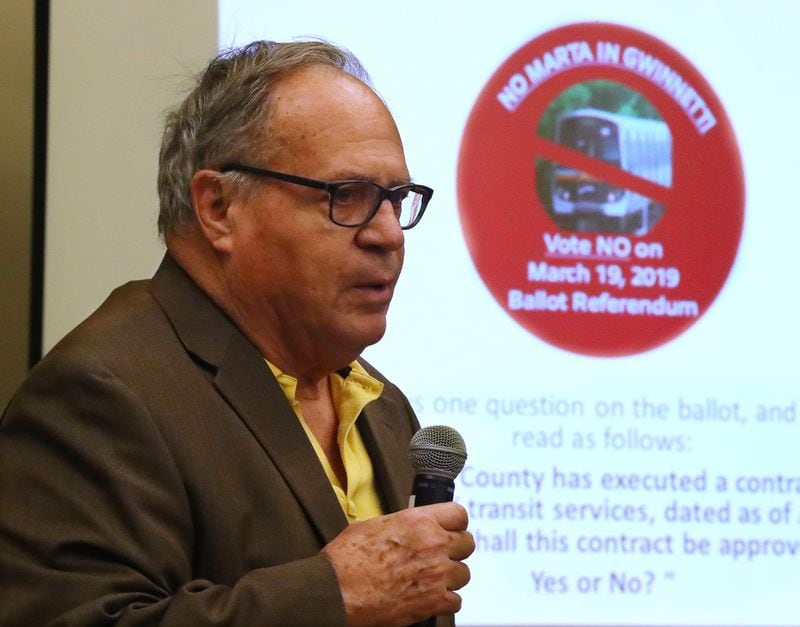 MARTA opposition leader Joe Newton opens a meeting at the historic Gwinnett County courthouse on March 5, 2019, in Lawrenceville.