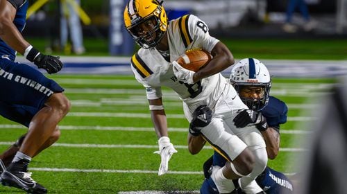 Valdosta’s JJ Gary is tackled during the Valdosta at South Gwinnett football game in Gwinnett on September 13, 2024. (Jamie Spaar for the Atlanta Journal Constitution)