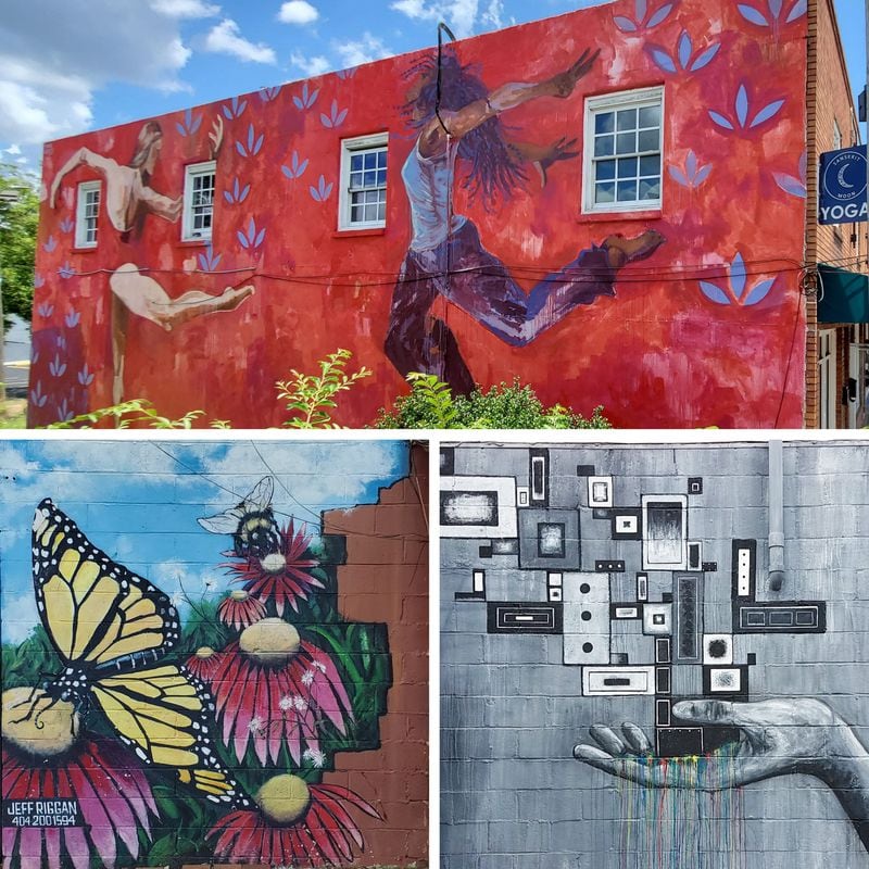 The joy of dancing fills Lauren Pallotta Stumberg’s mural (top), Jeff Riggan gives us a butterfly (bottom left) and Stephanie Lloyd goes geometric (bottom right).
