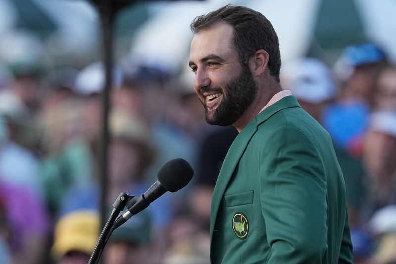 FILE - Scottie Scheffler speaks after winning the Masters golf tournament at Augusta National Golf Club Sunday, April 14, 2024, in Augusta, Ga. (AP Photo/George Walker IV)