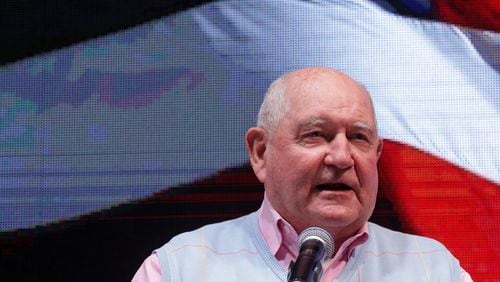 In this photo from Jan. 5, 2021, U.S. Secretary of Agriculture Sonny Perdue speaks during a run-off election night party at Grand Hyatt Hotel in Buckhead in Atlanta. (Alex Wong/Getty Images/TNS)