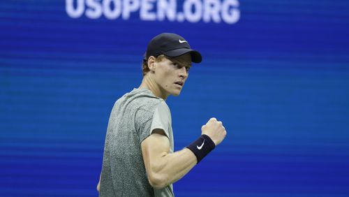 Jannik Sinner, of Italy, reacts against Tommy Paul, of the United States, during a fourth round match of the U.S. Open tennis championships, Monday, Sept. 2, 2024, in New York. (AP Photo/Adam Hunger)