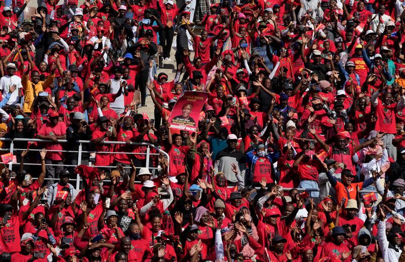 Supporters of the Economic Freedom Fighters (EFF), attend a final election rally in Polokwane, South Africa, Saturday, May 25, 2024. South African will vote in the 2024 general elections May 29. (AP Photo/Themba Hadebe)