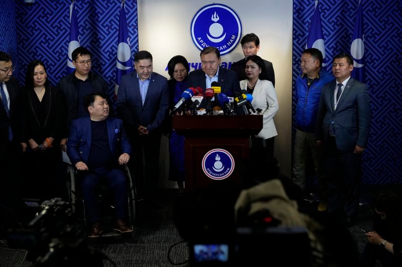 Gantumur Luvsannyam, leader of the Democratic Party, speaks at a press conference on the results of the parliamentary elections held at the Democratic Party headquarters in Ulaanbaatar, Mongolia in the early hours of Saturday, June 29, 2024. The ruling Mongolian People's Party is retaining a slim majority in the country's parliament with the opposition Democratic Party making major gains. (AP Photo/Ng Han Guan)