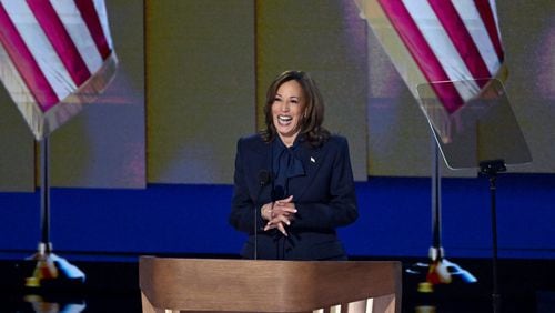 Vice President Kamala Harris delivers the keynote address as she accepts her party’s nomination on Aug. 22 at the Democratic National Convention in Chicago. (Hyosub Shin/The Atlanta Journal-Constitution)