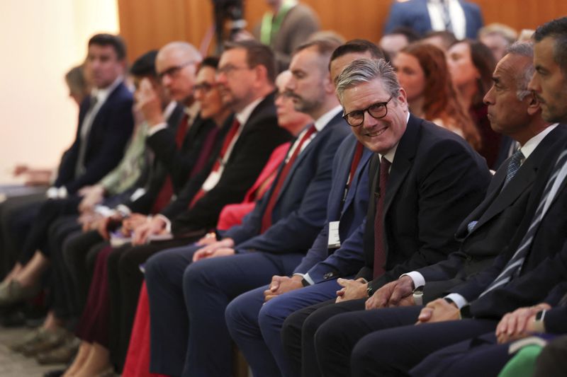 Britain's Prime Minister Keir Starmer reacts on the day he delivers a speech in London, Thursday Sept. 12, 2024. (Isabel Infantes/Pool Photo via AP)