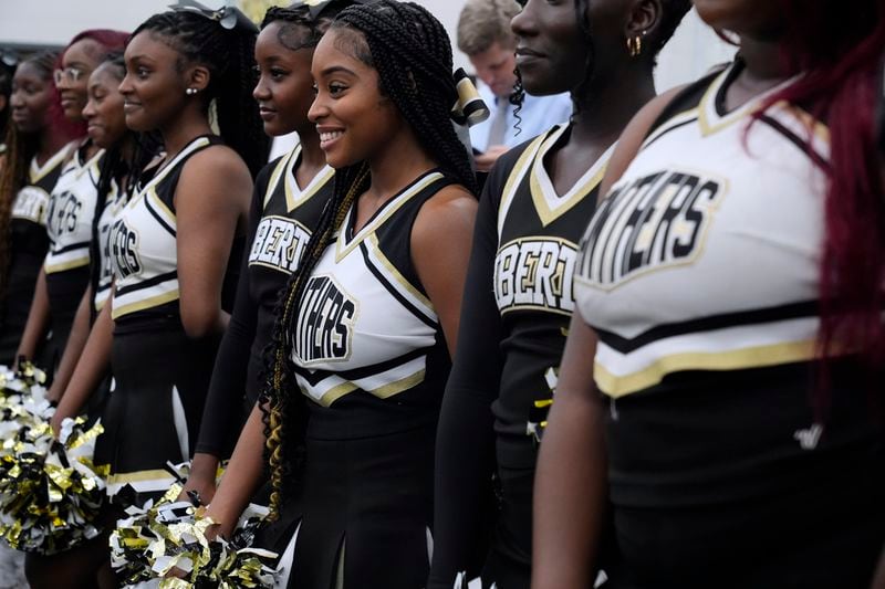 Cheerleaders wait for Democratic presidential nominee Vice President Kamala Harris at Liberty County High School in Hinesville, Ga., Wednesday, Aug. 28, 2024. (AP Photo/Jacquelyn Martin)