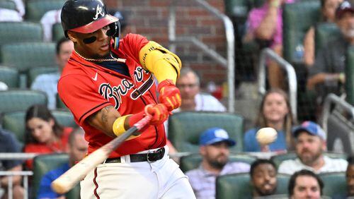 Braves' right fielder Ronald Acuna Jr. (13) hits a 3-run home run in the second inning at Truist Park on Friday, July 8, 2022. (Hyosub Shin / Hyosub.Shin@ajc.com)
