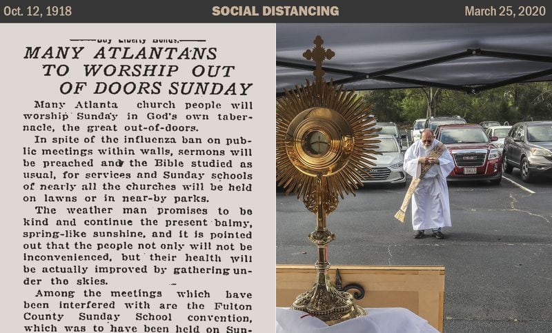 In 1918, social distancing happened in metro Atlanta in fits and starts. As this Oct. 12 article indicates, some churches were meeting outdoors. But three days later, the city was encouraging residents ato attend the Southeastern Lakewood Fair, which saw upwards of 20,000 attendees. In 2020, churches once again found ways to worship outside, such as this "drive-in" Adoration of the Most Blessed Sacrament on March 25 at St. Pius X Catholic Church in Conyers. (John Spink / jspink@ajc.com)