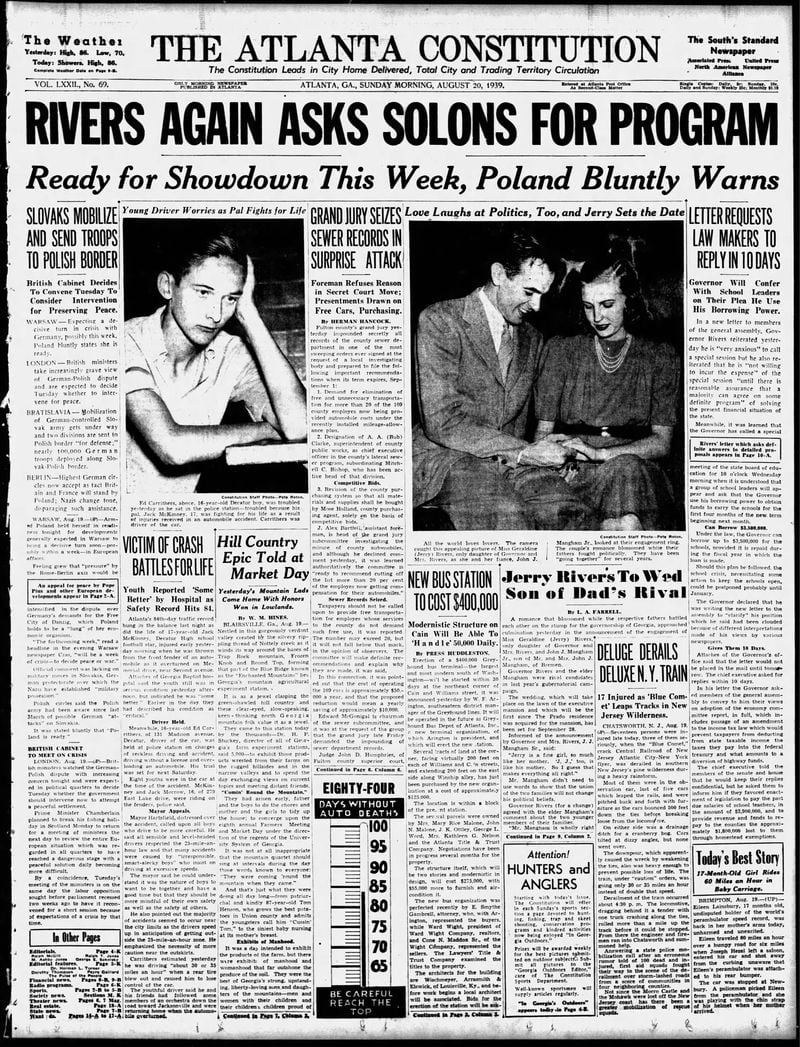 The Atlanta Constitution front page on Aug. 20, 1939.