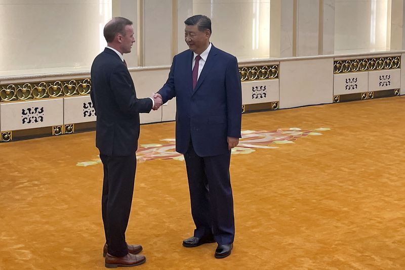 White House national security adviser Jake Sullivan, left, and Chinese President Xi Jinping shake hands at the Great Hall of the People in Beijing, China Thursday, Aug. 29, 2024. (Trevor Hunnicutt/Pool Photo via AP)