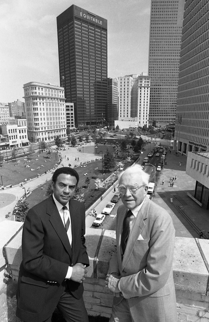 Atlanta Mayor Andrew Young with his predecessor Ivan Allen, Jr., atop the 10 Park Place building overlooking Atlanta’s Woodruff Park on April 23, 1987. Andy Sharp/ The Atlanta Journal-Constitution