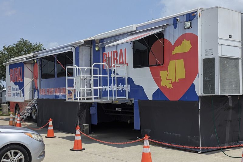 A medical trailer, being used to test rural residents' heart and lung function as part of a study to determine why the rates of heart and lung disease are so much higher in the rural South, is seen, May 8, 2024, in Napoleonville, La. (Sean Coady/National Heart, Lung, and Blood Institute via AP)