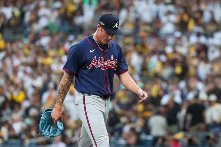 Atlanta Braves pitcher AJ Smith-Shawver (32) is relieved during the second inning of National League Division Series Wild Card Game One against the San Diego Padres at Petco Park in San Diego on Tuesday, Oct. 1, 2024.   (Jason Getz / Jason.Getz@ajc.com)