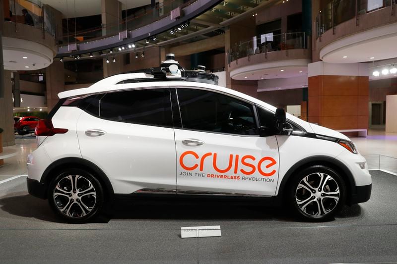 FILE - Cruise AV, General Motor's autonomous electric Bolt EV, is seen on Jan. 16, 2019, in Detroit. (AP Photo/Paul Sancya, File)