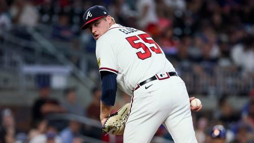 Atlanta Braves starting pitcher Bryce Elder looks at a New York Mets runner on first base during the fourth inning at Truist Park, Tuesday, June 6, 2023, in Atlanta.  The Braves won 6-4.  (Jason Getz / Jason.Getz@ajc.com)