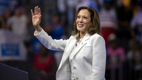 Democratic presidential nominee Vice President Kamala Harris waves at a campaign rally Thursday, Aug. 29, 2024, in Savannah, Ga. (AP Photo/Stephen B. Morton)