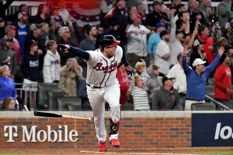 Braves third baseman Austin Riley reacts after hitting a walkoff single in 3-2  win against the Los Angeles Dodgers in Game 1 of the NLCS Saturday, Oct. 16, 2021, at Truist Park in Atlanta.  (Hyosub Shin / Hyosub.Shin@ajc.com)