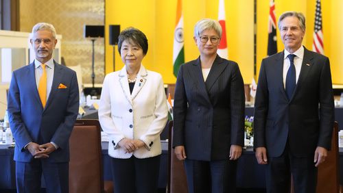 Foreign minister from left to right, Indian External Affairs Minister Subrahmanyam Jaishankar, Japanese Foreign Minister Yoko Kamikawa, Australian Foreign Minister Penny Wong and U.S. Secretary of State Antony Blinken pose for a photo ahead of the Quad Ministerial Meeting at the Foreign Ministry's Iikura guesthouse in Tokyo, Monday, July 29, 2024. (AP Photo/Shuji Kajiyama)