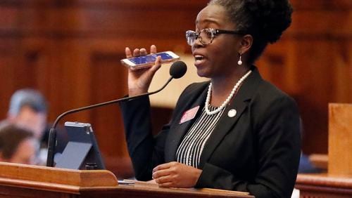 Rep. Jasmine Clark, D-Lilburn (pictured), and Rep. Dewey McClain, D-Lawrenceville, are hosting a food and toy giveaway in Lilburn.   Bob Andres / bandres@ajc.com