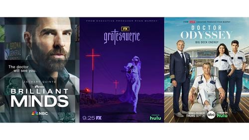 This combination of images shows promotional art for "Brilliant Minds," left, "Grotesquerie," center, and "Doctor Odyssey." (NBC/FX/ABC via AP)