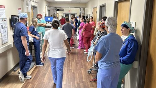 The eye of Hurricane Helene passed directly over South Georgia Medical Center in Valdosta. Staff waited in the hallway and away from windows at about 3:30 a.m. Friday Sept. 27, 2024. (Photo courtesy of South Georgia Medical Center)