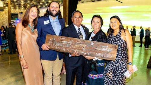 Executive director Rena Ann Peck presented the Okefenokee Protector award to the Muscogee (Creek) Nation in 2023, pictured with Seth Clark, Muscogee Chief David Hill, Rhonda Hill and Tracie Revis.  The 2024 Okefenokee Protector Award will be presented to the US Fish & Wildlife Service manager of Okefenokee National Wildlife Refuge, Michael Lusk (Photo Courtesy of Erik Voss/Georgia Rivers Gala)