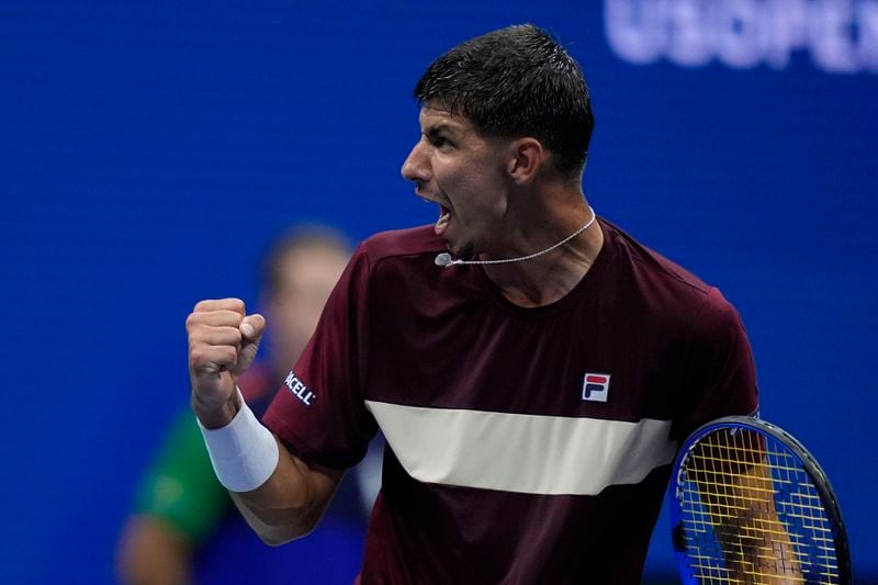 Alexei Popyrin, of Australia, reacts against Novak Djokovic, of Serbia, during a third round match of the U.S. Open tennis championships, Friday, Aug. 30, 2024, in New York. (AP Photo/Julia Nikhinson)