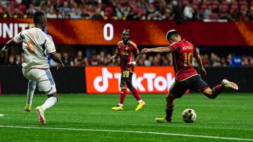 Atlanta United midfielder Thiago Almada #10 scores a goal during the second half of the match against Cincinnati FC at Mercedes-Benz Stadium in Atlanta, GA on Saturday April 20, 2024. (Photo by Mitch Martin/Atlanta United)