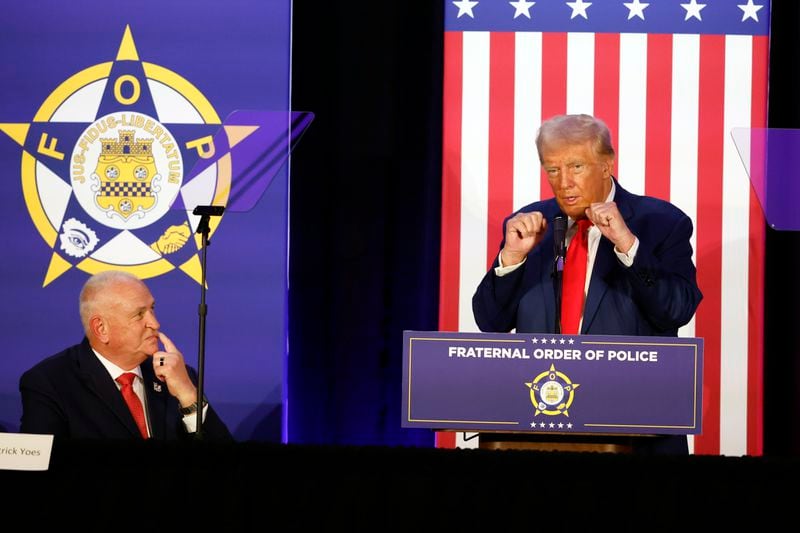 Republican presidential nominee former President Donald Trump speaks to the Fraternal Order of Police in Charlotte, N.C., Friday, Sept. 6, 2024. (AP Photo/Nell Redmond)