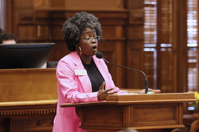 State Rep. Jasmine Clark, D-Lilburn, speaks Monday in opposition of House Bill 30 during Crossover Day at the Capitol in Atlanta. HB 30 defines antisemitism so that it would be included under Georgia’s hate crimes law. Opponents said religious protections are already covered under Georgia's hate crimes law. Miguel Martinez /miguel.martinezjimenez@ajc.com




