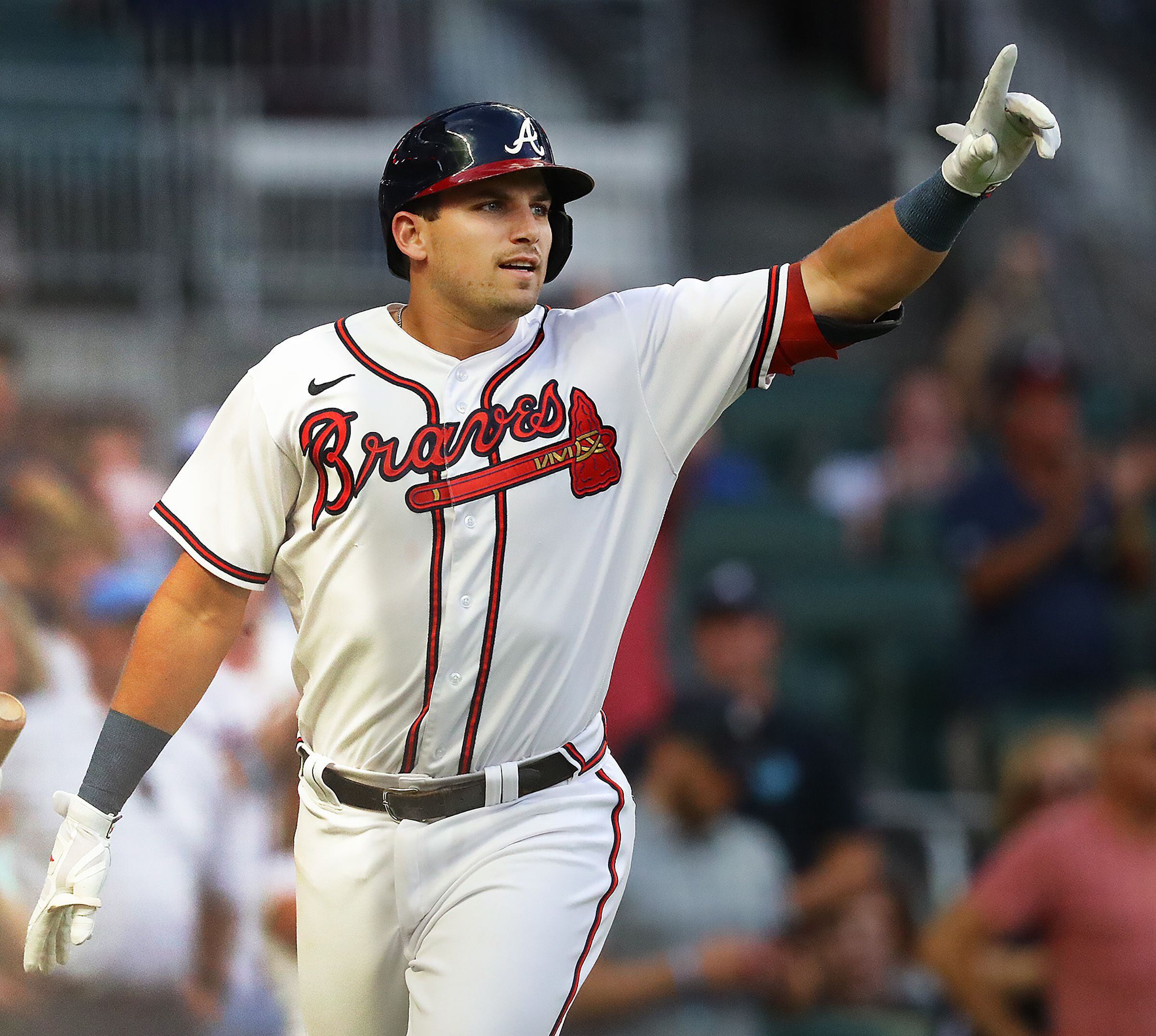 April 07, 2022: Atlanta Braves first baseman Matt Olson runs out onto the  field during player introductions before the start of a MLB game against  the Cincinnati Reds at Truist Park in