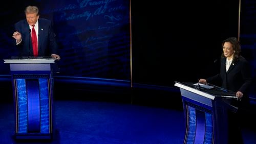 Republican presidential nominee former President Donald Trump and Democratic presidential nominee Vice President Kamala Harris participate in an ABC News presidential debate at the National Constitution Center on Tuesday, Sept. 10, 2024, in Philadelphia. (Alex Brandon/AP)